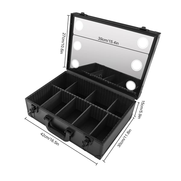 Makeupkuffert med LED-spejl - Rejse kosmetikboks - 6 LED - Touch - Trinløs lysstyrke - 9 rum - Bæreevne 7 kg - Størrelse L
