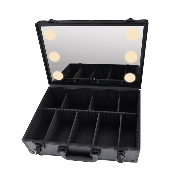 Makeupkuffert med LED-spejl - Rejse kosmetikboks - 6 LED - Touch - Trinløs lysstyrke - 9 rum - Bæreevne 7 kg - Størrelse L