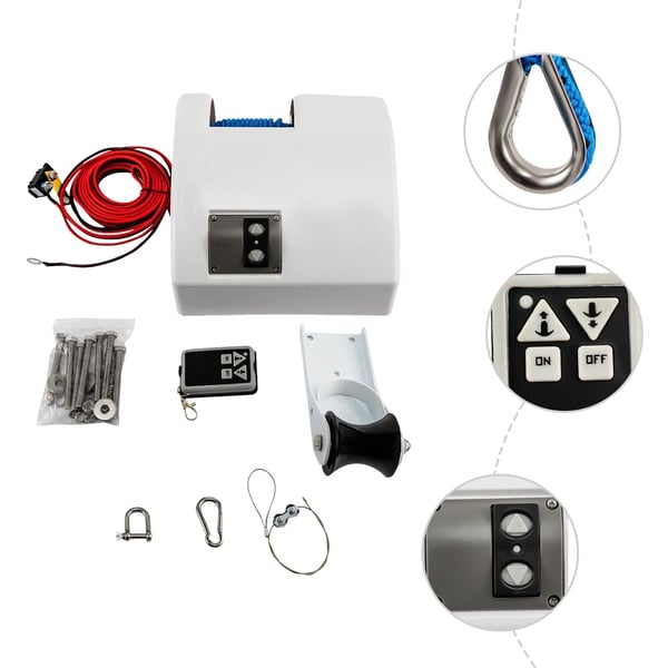 Veneen ankkurivinssi - Sähköinen - 12V - Max 20 kg vetovoima - Langaton kaukosäädin - Korroosionkestävä - Valkoinen