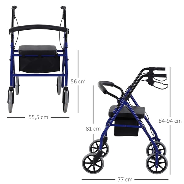 Rollator/gåstol för vuxna - Gånghjälpmedel - Justerbar sits - Fällbart fotstöd - Hopfällbar - Under 12 kg