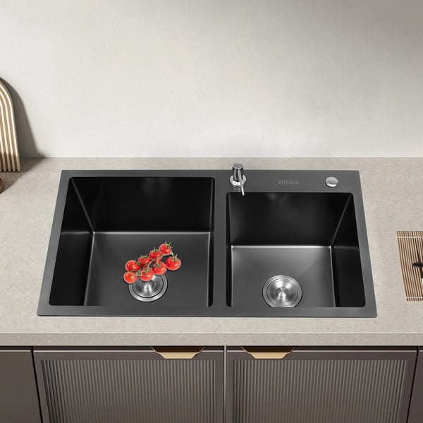 Køkkenvask - Dobbelt kumme - 304 rustfrit stål - Rektangulær - 78x43x22 cm - 2 huller - Uden armatur - Sort