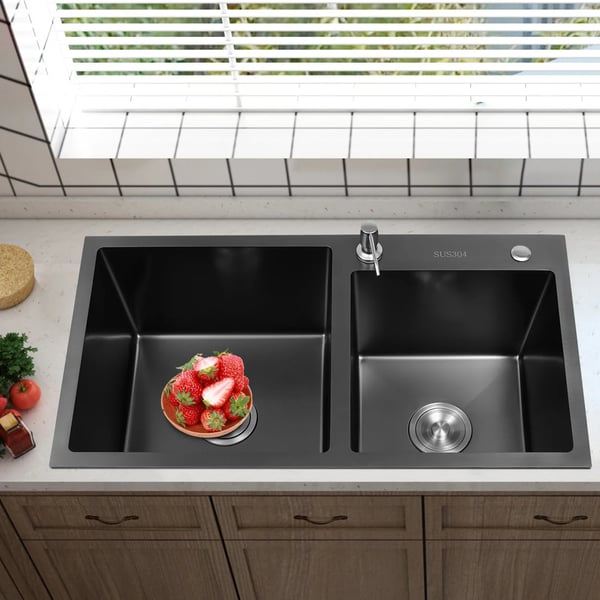 Køkkenvask - Dobbelt kumme - 304 rustfrit stål - Rektangulær - 78x43x22 cm - 2 huller - Uden armatur - Sort