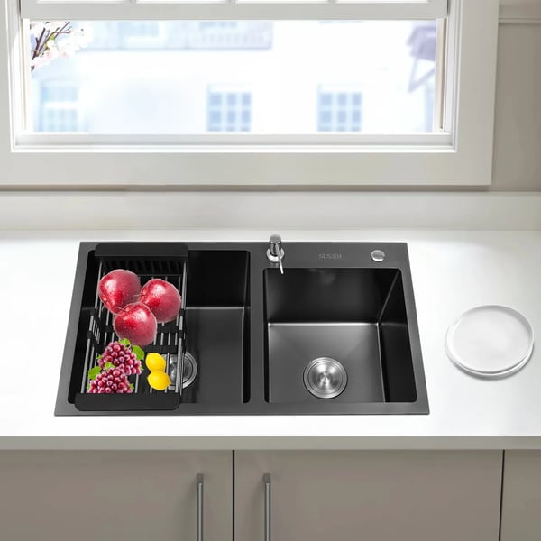 Køkkenvask - Dobbelt kumme - 304 rustfrit stål - Rektangulær - 78x43x22 cm - 2 huller - Uden armatur - Sort