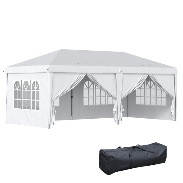 Partytält - Fällbar paviljong - 5,85 x 2,95 x 2,7 m - 4 Sidoväggar - 4 Fönster - 100% Polyester - Vit