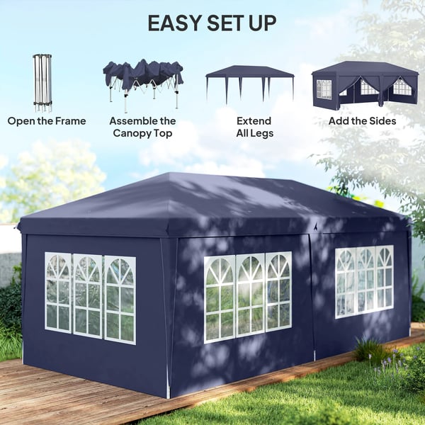 Partytält - Hopfällbar paviljong - Mått 5,85 x 2,95 x 2,7 m - 4 sidoväggar - 4 fönster - 100 % polyester - Blå