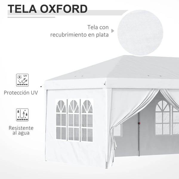 Partytält - Fällbar paviljong - 5,85 x 2,95 x 2,7 m - 4 Sidoväggar - 4 Fönster - 100% Polyester - Vit