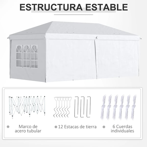 Partytält - Fällbar paviljong - 5,85 x 2,95 x 2,7 m - 4 Sidoväggar - 4 Fönster - 100% Polyester - Vit