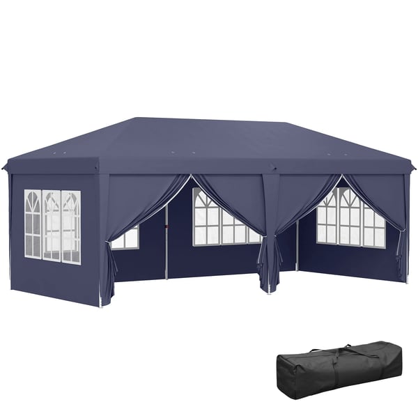 Partytält - Hopfällbar paviljong - Mått 5,85 x 2,95 x 2,7 m - 4 sidoväggar - 4 fönster - 100 % polyester - Blå