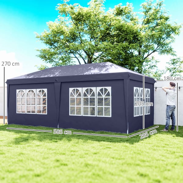Partytält - Hopfällbar paviljong - Mått 5,85 x 2,95 x 2,7 m - 4 sidoväggar - 4 fönster - 100 % polyester - Blå