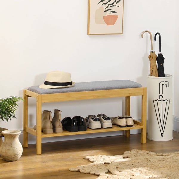 Skobänk - Sittbänk med skohylla - Bambu - Vadderad dyna i polyester och skum - Rymmer 3 par - 90×30×46 cm - Natur