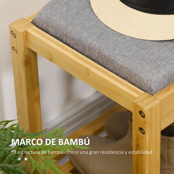 Skobänk - Sittbänk med skohylla - Bambu - Vadderad dyna i polyester och skum - Rymmer 3 par - 90×30×46 cm - Natur