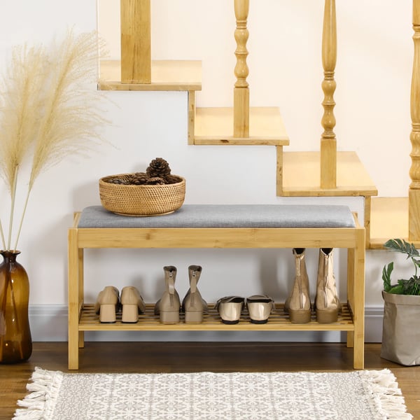 Skobänk - Sittbänk med skohylla - Bambu - Vadderad dyna i polyester och skum - Rymmer 3 par - 90×30×46 cm - Natur