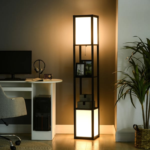 Trägolvlampa med hylla - Golvlampa - 26x26x156 cm - Modern stil - AC - Fristående - Svart