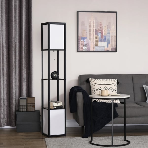 Trägolvlampa med hylla - Golvlampa - 26x26x156 cm - Modern stil - AC - Fristående - Svart