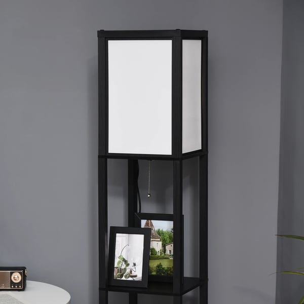 Trägolvlampa med hylla - Golvlampa - 26x26x156 cm - Modern stil - AC - Fristående - Svart