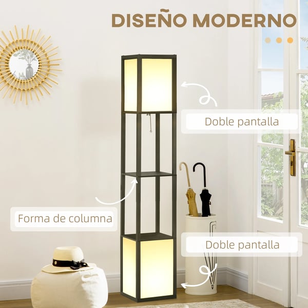 Trägolvlampa med hylla - Golvlampa - 26x26x156 cm - Modern stil - AC - Fristående - Svart