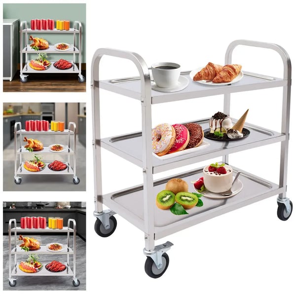 Serveringsvogn - Køkkenvogn/Tevogn - Rustfrit stål - 3 hylder - 4 hjul - Til catering og køkken