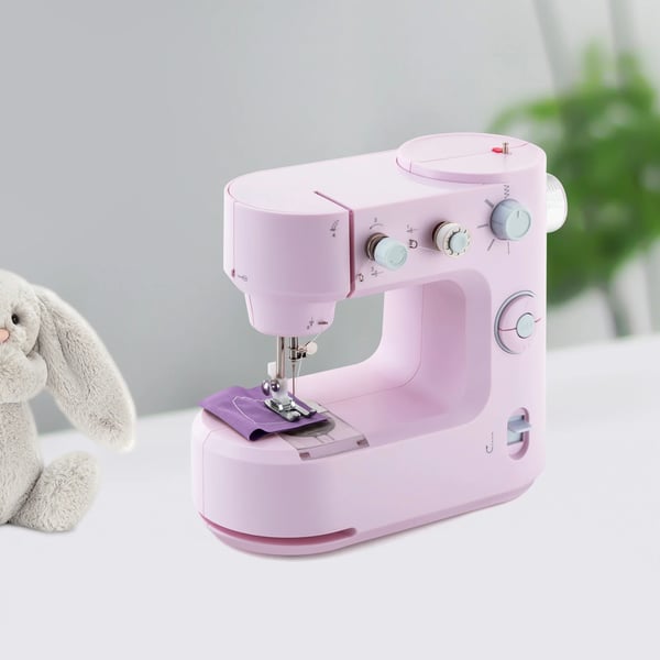 Mini ompelukone - FHSM-398 kotimalli - Lukko-ommel - 2 nopeutta 290–330/min - 100–240V, DC6V Adapteri - Kannettava - Vaaleanpunainen