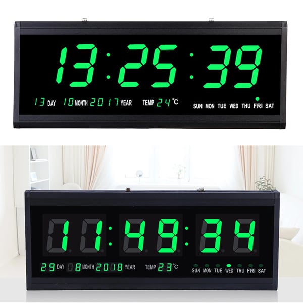 Stor digital väggklocka, LED bords-/väckarklocka, temperatur & datum, 12/24 h, grön display