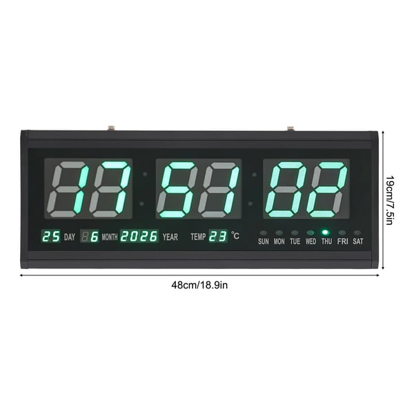 Stor digital vægur, LED bordur/vækkeur, temperatur & dato, 12/24 t, grøn skærm