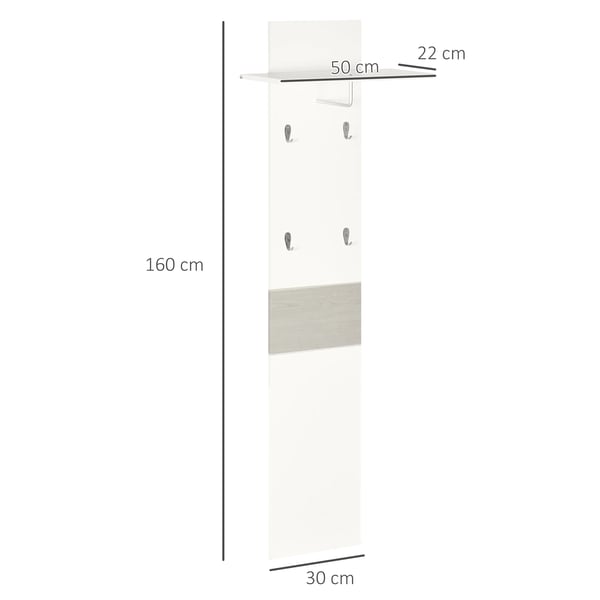 Hallmöbel - Väggmonterad klädhängare med hylla - 4 krokar - 50 x 23,5 x 160 cm - Vit