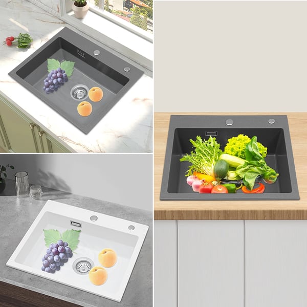Køkkenvask - Enkeltkumme - Rustfrit Stål - Dybde 23 cm - Stor Kapacitet - Uden Armatur - 1 Hul - Sort