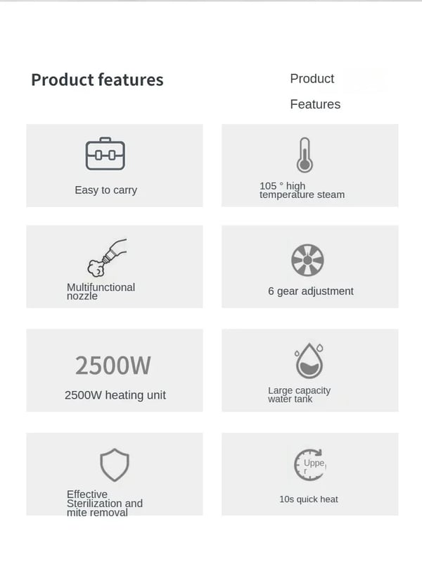 Kannettava höyrypuhdistin - Käsikäyttöinen - 2500W - 220V EU-pistoke - 5 tasoa - >30 min höyryä - 900+ ml säiliö - Korkeapaine - Valkoinen