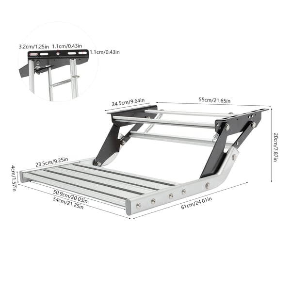 Autocamper/Campingvogn Trin - Manuel Enkelttrin - Aluminium - Foldbar - 150 kg Belastning - Trin 50,9×23,5 cm - Korrosionsbestandig - Sølv