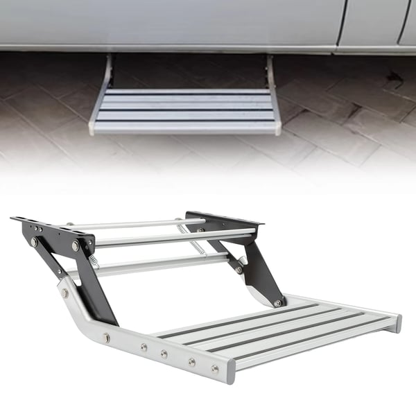 Autocamper/Campingvogn Trin - Manuel Enkelttrin - Aluminium - Foldbar - 150 kg Belastning - Trin 50,9×23,5 cm - Korrosionsbestandig - Sølv