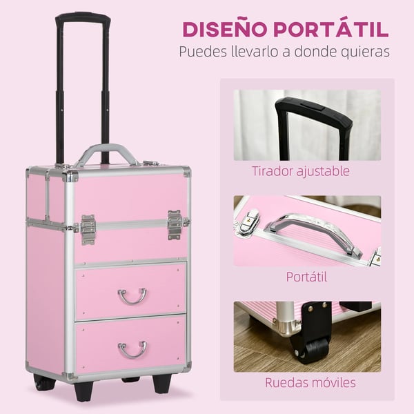 Sminkväska/Kosmetikväska - Rullväska Med Hjul - Professionell - Polyester - 36×23×58 cm - Rosa