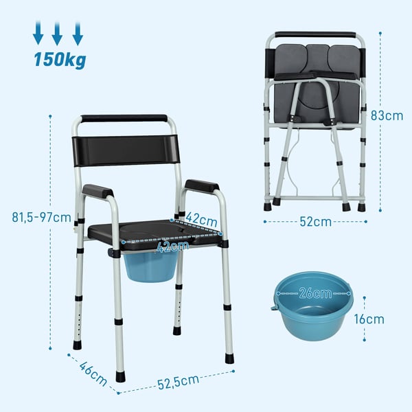Fällbar toalettstol - Höjdjusterbar - För äldre - Max belastning 150 kg - Svart