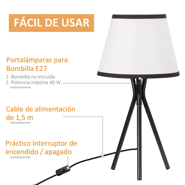 Bordslampa - Tripod - Metallstativ - Tygskärm - E27-sockel - 40 W - Nätström - 60–249 lm