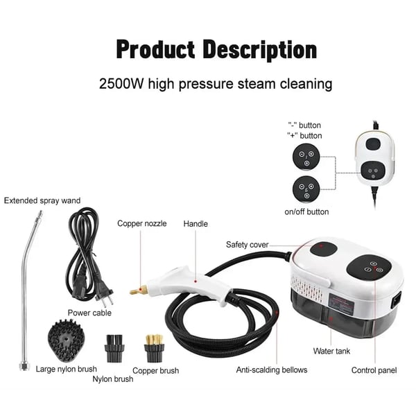 Höyrypuhdistin - Käsikäyttöinen - 2500 W - 1100 ml Säiliö - Korkeapainehöyry - 220 V EU-pistoke - 5+ Lämpötila-asetusta - Valkoinen