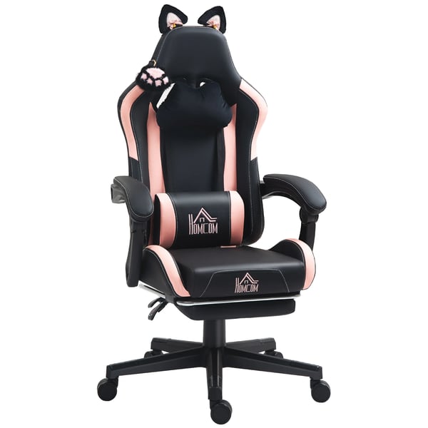 Gamingstol med öron - Kontorsstol - Justerbar höjd - Utdragbart fotstöd - Ergonomisk design - Svart
