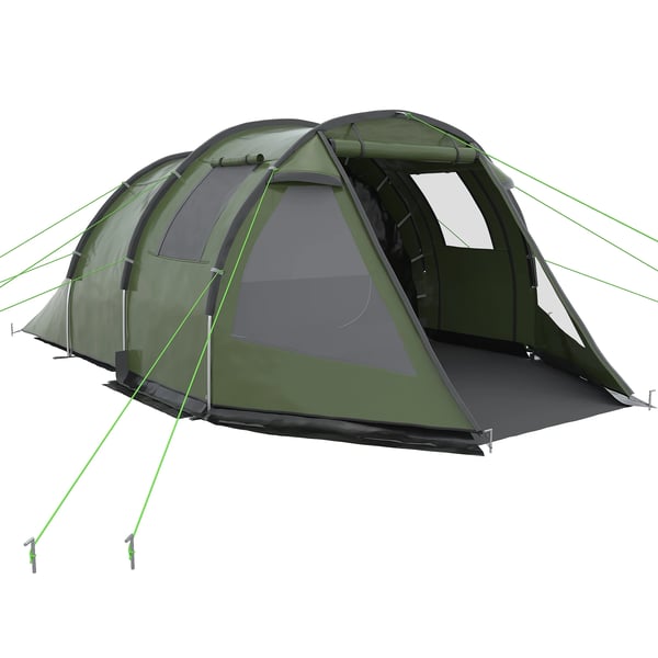 Tunneltält - 3–4-personers - 475×264×172 cm - 1 sovrum & 1 vardagsrum - Botten 2000–3000 mm - Polyester/Nylon, glasfiberstänger - Grön/Svart/Grå