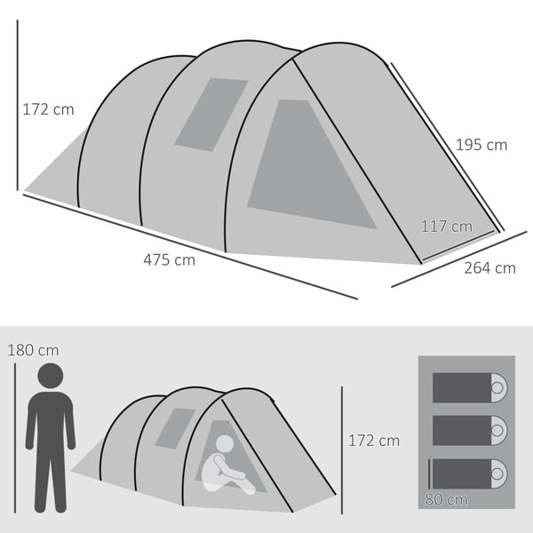 Tunneltält - 3–4-personers - 475×264×172 cm - 1 sovrum & 1 vardagsrum - Botten 2000–3000 mm - Polyester/Nylon, glasfiberstänger - Grön/Svart/Grå