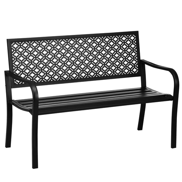 Trädgårdsbänk - 2-sits Stålbänk - Dekorativt Ryggstöd - Med Armstöd - Montering Krävs - 127x63x83 cm - För Utomhusbruk - Svart
