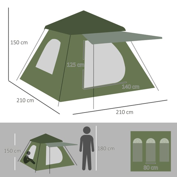Pop-up tält - 1–2 personer - Mått 210×210×150 cm - Vattentäthet 2000–3000 mm - Taffeta 210T & glasfiber - Ett sovrum - Grön/Svart