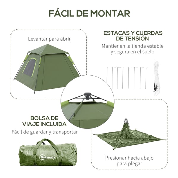 Pop-up tält - 1–2 personer - Mått 210×210×150 cm - Vattentäthet 2000–3000 mm - Taffeta 210T & glasfiber - Ett sovrum - Grön/Svart