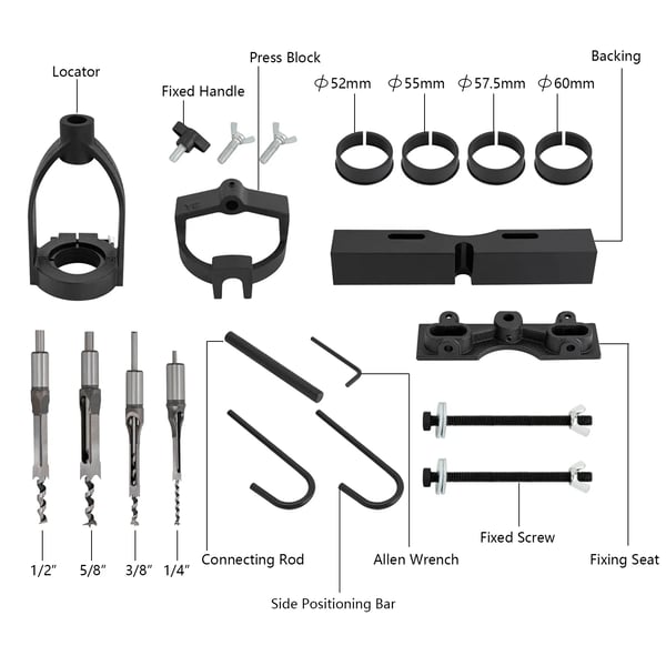 Søjleboremaskine Mortise-Adapter - Kit 4-delt - Højkulstofstål 45# - Varmebehandlet - Rundt Skaft - Lige Riller - Til Træarbejde - Sort