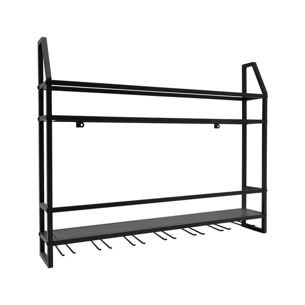 Vinstativ med vinglasholder - Vægmonteret metalhylde - 2 Niveauer - Til 12 flasker & 7 vinglas - 80×12×62 cm - Bæreevne 30 kg - Sort