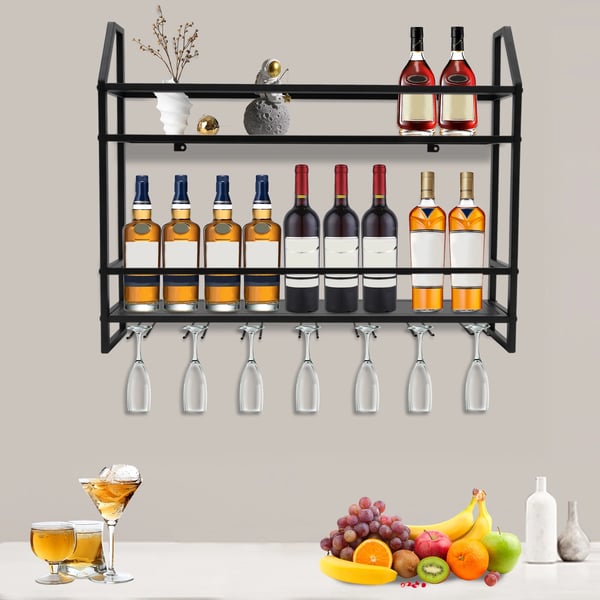 Vinstativ med vinglasholder - Vægmonteret metalhylde - 2 Niveauer - Til 12 flasker & 7 vinglas - 80×12×62 cm - Bæreevne 30 kg - Sort