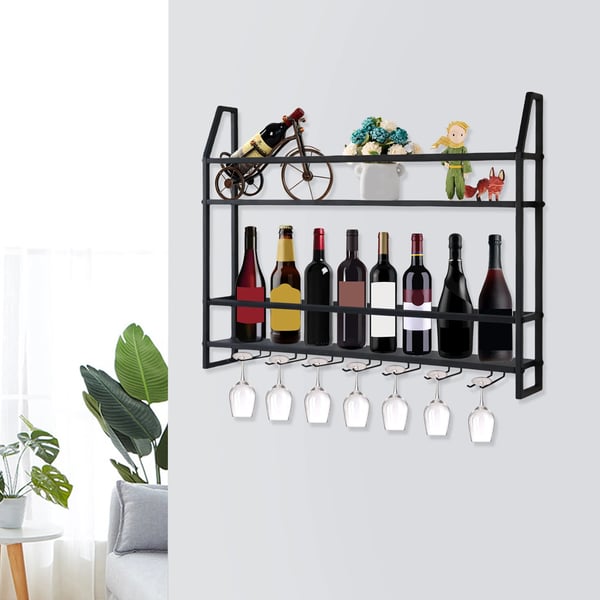 Vinstativ med vinglasholder - Vægmonteret metalhylde - 2 Niveauer - Til 12 flasker & 7 vinglas - 80×12×62 cm - Bæreevne 30 kg - Sort