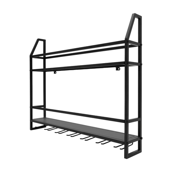Vinstativ med vinglasholder - Vægmonteret metalhylde - 2 Niveauer - Til 12 flasker & 7 vinglas - 80×12×62 cm - Bæreevne 30 kg - Sort