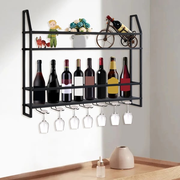 Vinstativ med vinglasholder - Vægmonteret metalhylde - 2 Niveauer - Til 12 flasker & 7 vinglas - 80×12×62 cm - Bæreevne 30 kg - Sort
