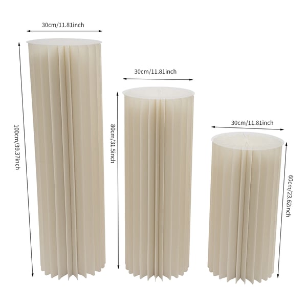Cylindriske displaysøjler - Karton piedestalsæt - 3-pak - Sammenfoldelige - Til bryllup & dessertbord - 60–100 cm - Lysegul