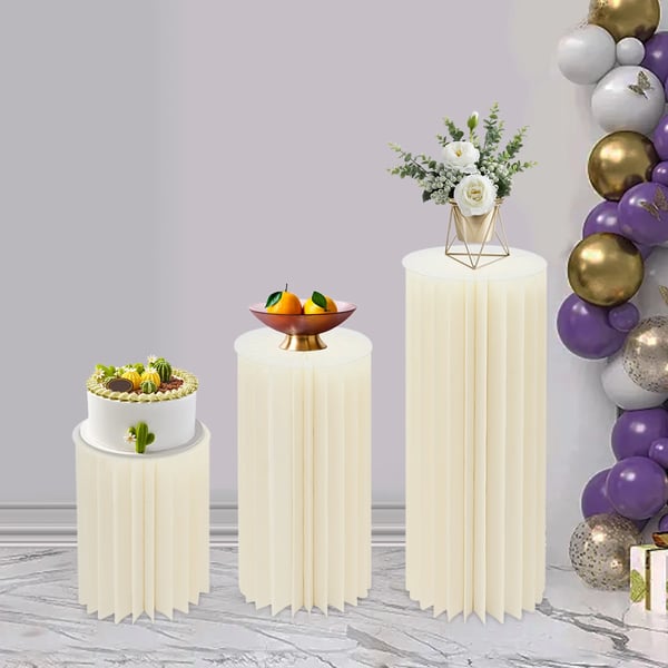 Cylindriske displaysøjler - Karton piedestalsæt - 3-pak - Sammenfoldelige - Til bryllup & dessertbord - 60–100 cm - Lysegul