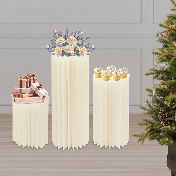 Cylindriske displaysøjler - Karton piedestalsæt - 3-pak - Sammenfoldelige - Til bryllup & dessertbord - 60–100 cm - Lysegul