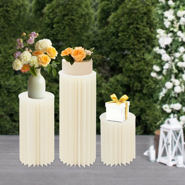 Cylindriske displaysøjler - Karton piedestalsæt - 3-pak - Sammenfoldelige - Til bryllup & dessertbord - 60–100 cm - Lysegul