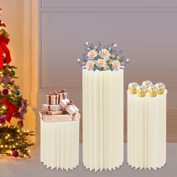 Cylindriske displaysøjler - Karton piedestalsæt - 3-pak - Sammenfoldelige - Til bryllup & dessertbord - 60–100 cm - Lysegul